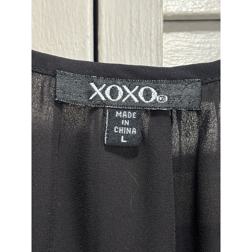 XOXO Chiffon Blouse Size L Long Sleeve Crochet Down Sleeves Elastic Hem - Picture 2 of 8